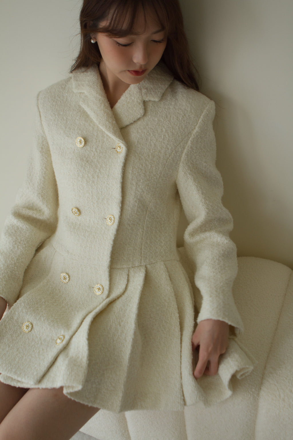 義大利高級面料 名媛百摺洋裝 50%Wool 象牙白  DS2302