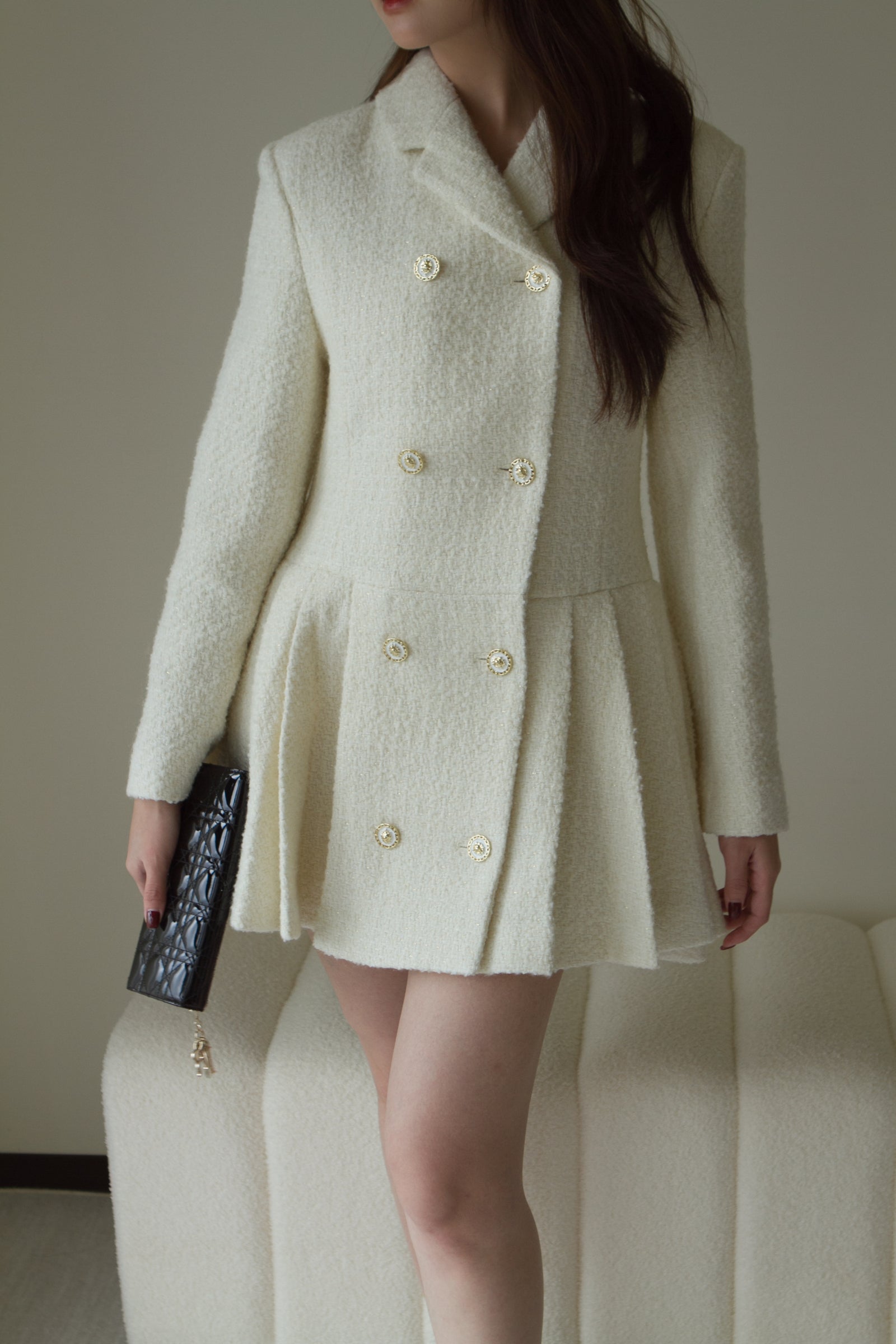 義大利高級面料 名媛百摺洋裝 50%Wool 象牙白  DS2302