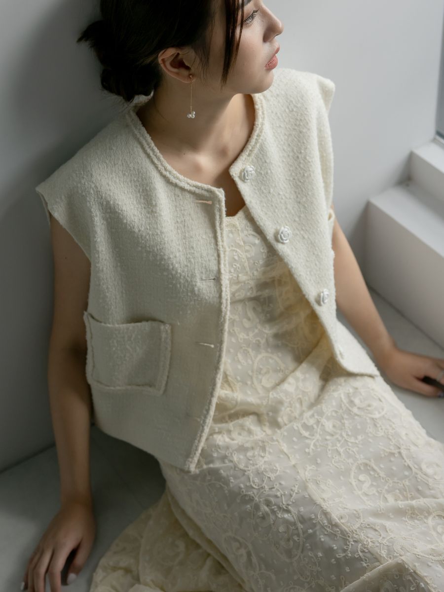 『高光訂製』細工刺繡蕾絲洋裝 象牙色 DS23011