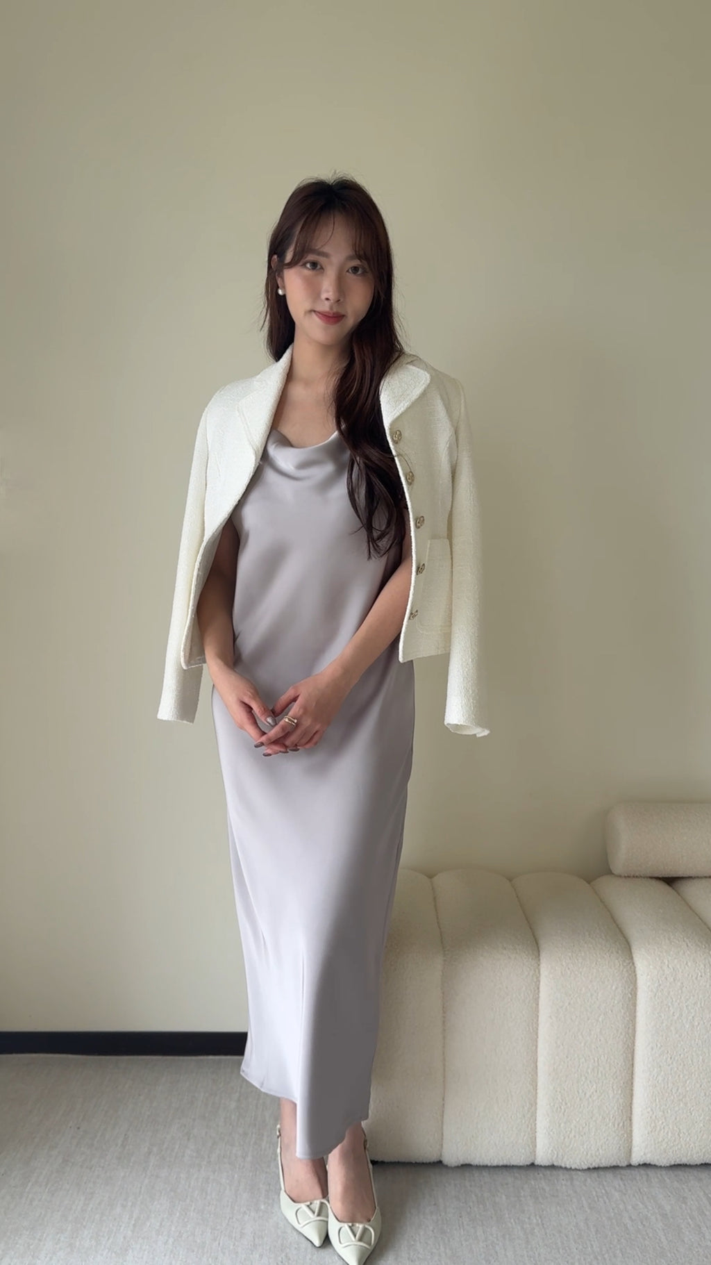 質感垂領細吊帶連身裙/小禮服 薄暮灰