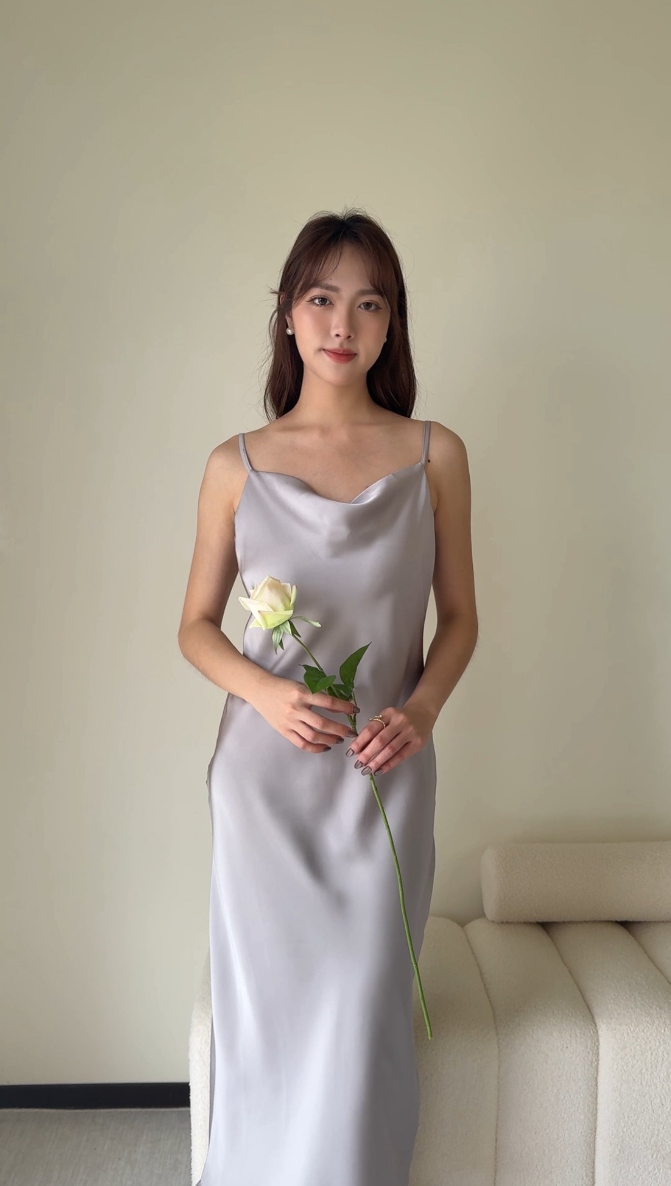 質感垂領細吊帶連身裙/小禮服 薄暮灰